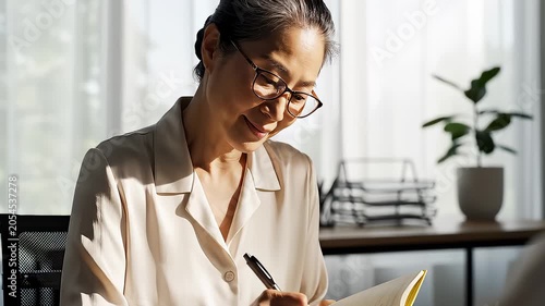 Professional Asian Woman Writing Notes In A Bright Office Setting