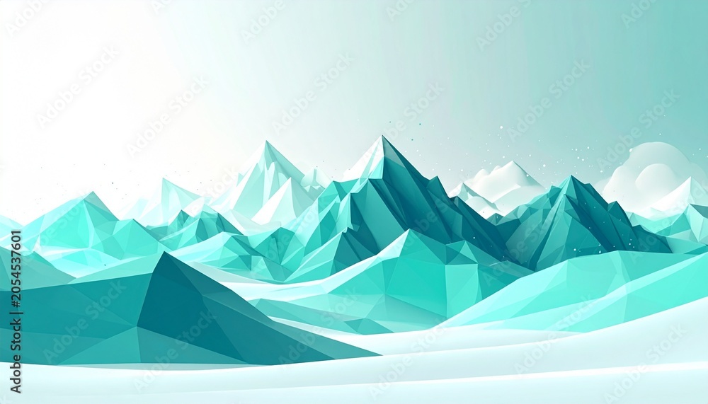 Fototapeta premium Geometric Minimalist Low Poly Mountain Landscape in Cyan and White.