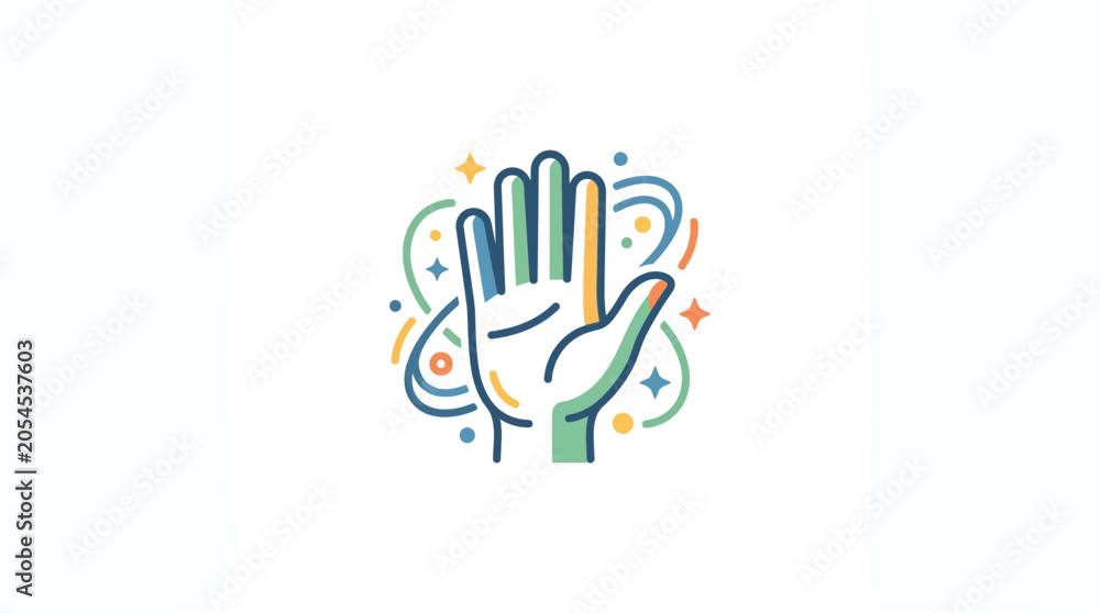 Fototapeta premium Colorful Open Hand Icon with Swirls and Stars - Vector Illustration