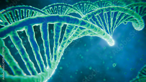 Sparkling 3D DNA Double Helix Illustration with Glowing Green Strands on Blue Background