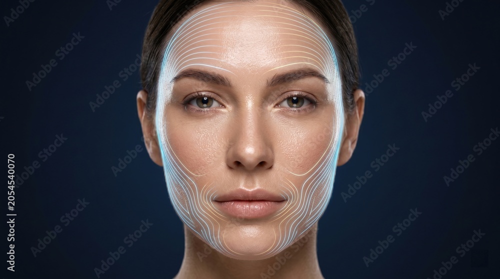 Fototapeta premium 3D facial mapping and topology lines on woman face for digital skin analysis