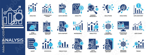 Analysis icon set collection. Containing intelligent, statistics, analyze, review, searching, inspection, report .Solid vector icons collection