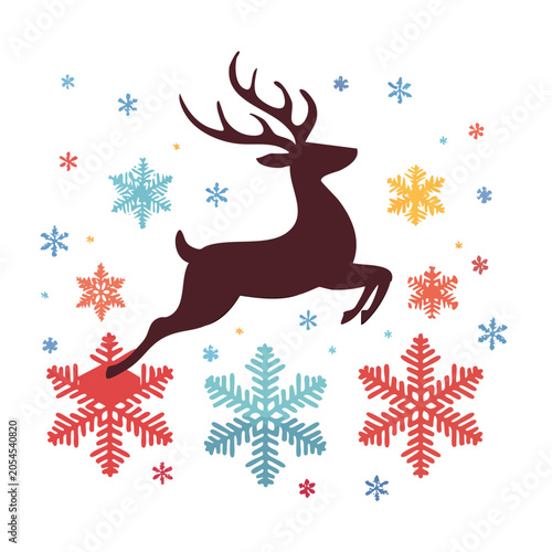 Jumping Deer with Snowflakes Flat Design