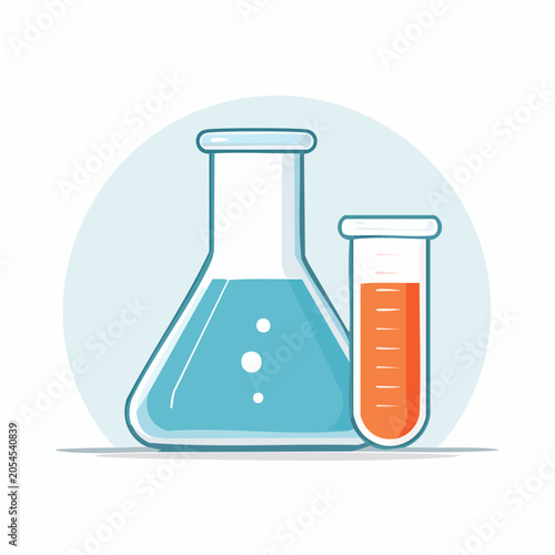 Laboratory glassware with blue and orange liquids