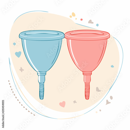 Two Menstrual Cups, Blue and Pink, with Decorative Elements