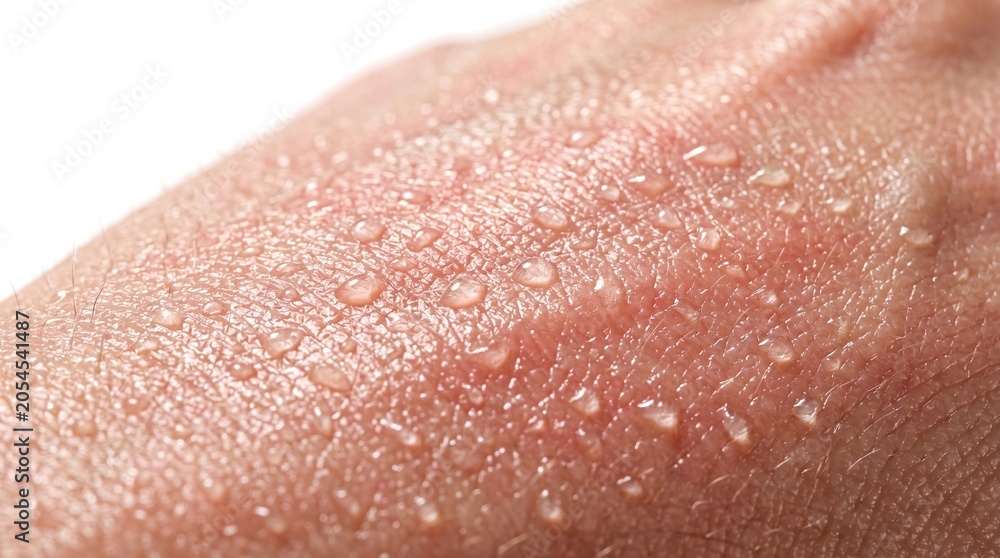 Fototapeta premium Extreme macro close-up of human skin covered with water drops representing hydration or sweating