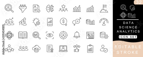Data Science Analytics Line Icon Set – Machine Learning, Predictive Analytics, Big Data, AI Insights, Dashboard and Business Intelligence Editable Stroke Vector Icons