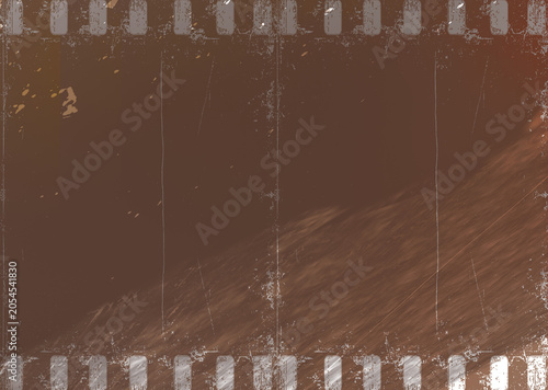 an empty vintage brown film strip background featuring visible scratches, dust textures, and sprocket holes along the top and bottom borders