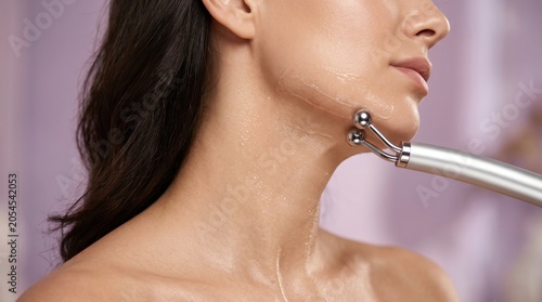 Woman receiving anti-aging neck and jawline massage with 3D metal roller and conductive gel
