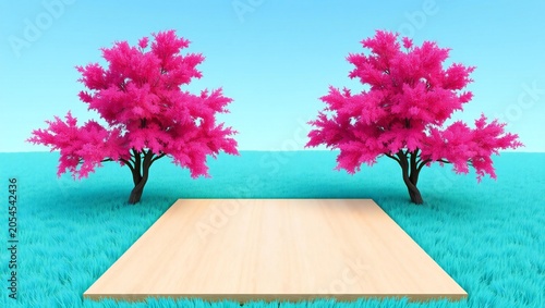 Two pink cherry blossom trees with a wooden platform in a beautiful park landscape