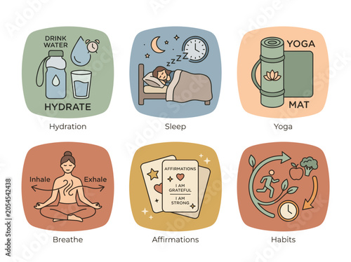 Foto Wellness journey featuring hydration yoga breathing affirmations and building po