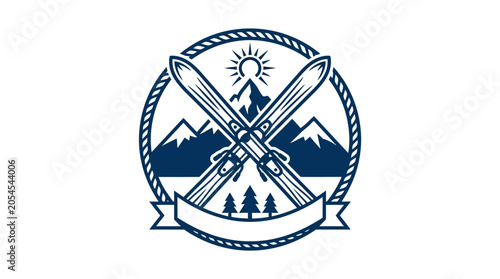 Vintage Skiing Emblem with Crossed Skis and Mountain Landscape