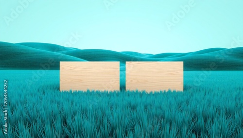 Two blank rectangular signs floating on a calm blue lake with mountain scenery