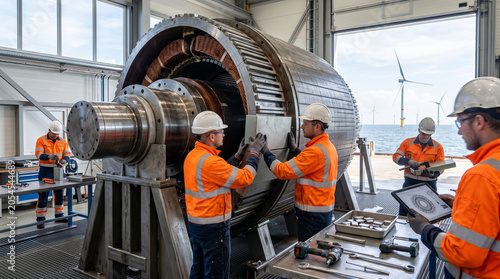 Engineers working on offshore wind turbine core integrating rare earth neodymium magnets for supply solutions