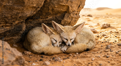 Two fennec foxes curled up sleeping together under a desert rock shelf