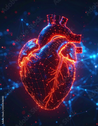 Digital illustration of a glowing human heart with a network of red and blue lines symbolizing connectivity and technology.