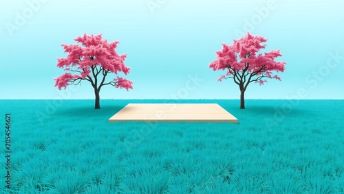 Empty square podium display stand with two pink cherry blossom trees in a peaceful park setting