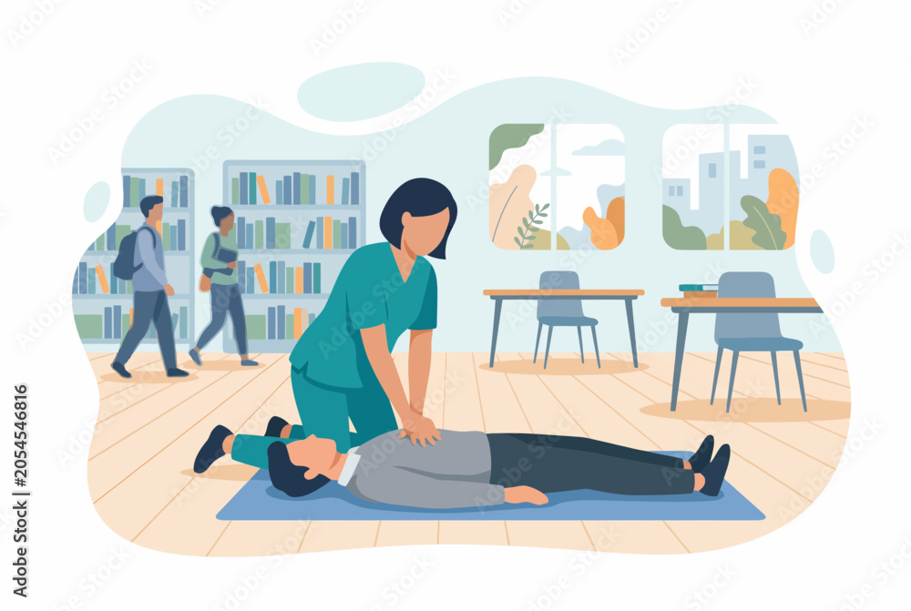 Obraz premium Medical Professional Performing CPR First Aid in Public Library