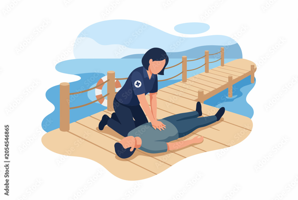Obraz premium Professional Emergency CPR Performed on Victim at Water Dock