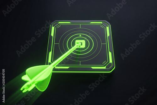 Neon green arrow flying towards futuristic target concept