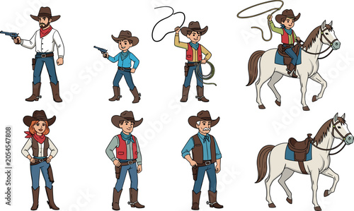 Fotografie Cartoon Wild West Cowboy Character Set with Gun, Lasso, Horse Riding and Standi