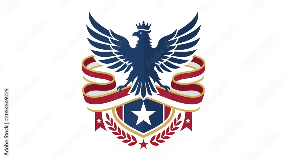 Fototapeta premium Blue eagle crest with star and patriotic red ribbons.