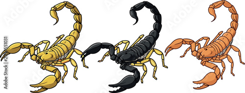 Fotografie Yellow Black and Orange Scorpion Illustration Set with Detailed Claw and Tail fo