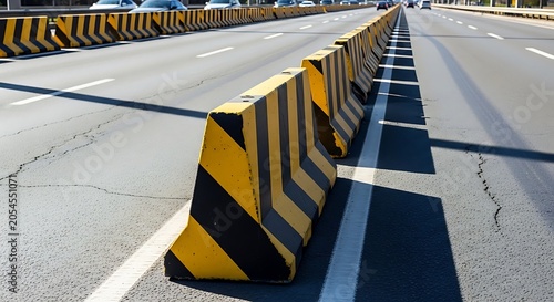 Road barrier construction area with yellow and black concrete blocks