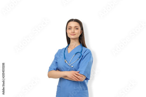 Smiling healthcare worker with arms crossed, isolated, PNG