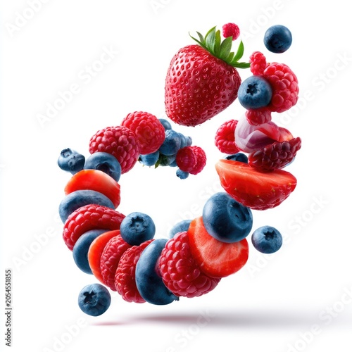 A vibrant swirl of fresh strawberries, raspberries, and blueberries floats dynamically against a white background.