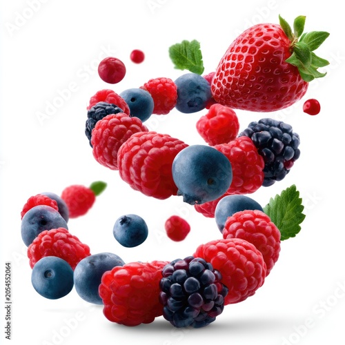 Assorted fresh berries, including strawberries, raspberries, blueberries, and blackberries, appear to float dynamically against a white background.