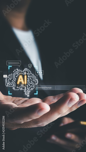 An open hand holds a virtual holographic interface displaying an AI brain circuit with chat icons and a command prompt, illustrating smart futuristic technology.
