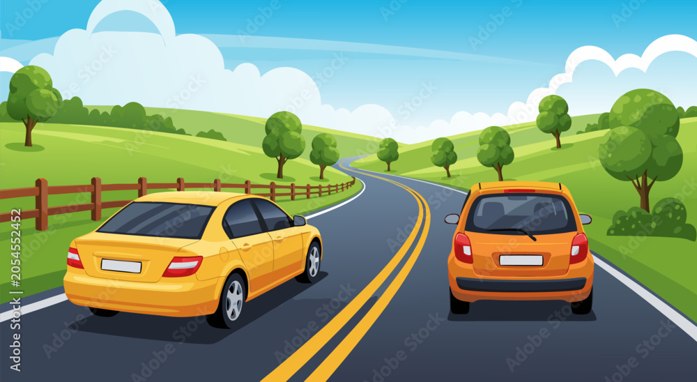 Fototapeta premium Scenic Countryside Road Trip Travel Vector Illustration Featuring Two Cars Driving Along A Winding Asphalt Highway Through Rolling Green Hills