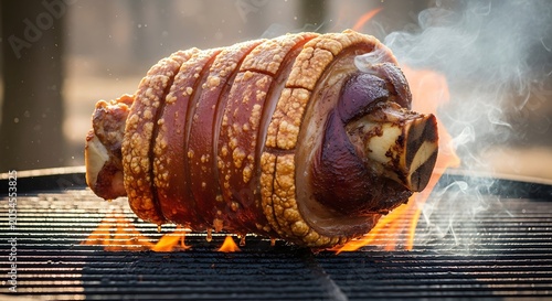 Roasted pork knuckle on grill with fire smoke delicious food close up