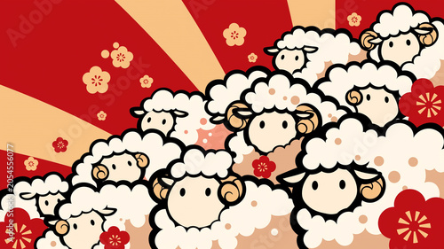 2026年の年賀状にぴったりな羊モチーフの新年イラスト、未年、干支、正月、賀詞、挨拶状、グリーティングカード、かわいい、ポップ、レトロ、北欧風、和モダン、シンプル、親しみやすい、ファミリー向け、子ども向け、縁起物、ギフト、日の出、花柄、装飾、余白、メッセージスペース、テンプレート、背景、カード素材、おしゃれ、冬、祝い、めでたい、ほのぼの、デフォルメ、セット、新春、迎春、招福、幸福、記念、祝福、祈り