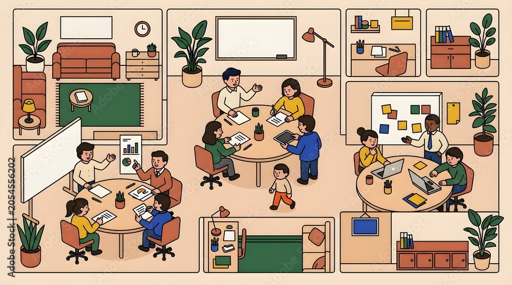 Fototapeta premium Modern Collaborative Office Workspace Illustration with Diverse Teams Working, Brainstorming, and Meeting in a Creative Coworking Environment