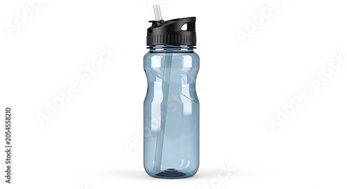 Blue transparent water bottle with straw isolated on white background