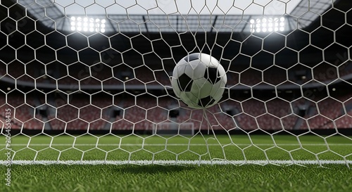 Soccer ball hitting the net in a large professional football stadium