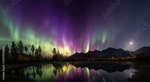 Vibrant aurora borealis dances above dark mountains, reflected in still water