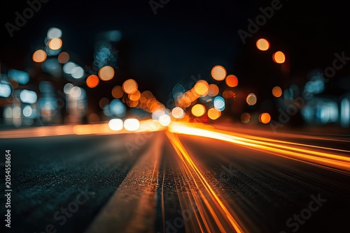 Streaking lights of a city street at night, blurred motion