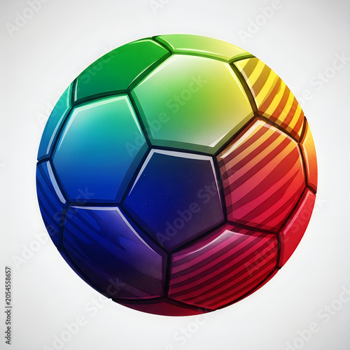 Colorful gradient soccer ball with hexagonally patterned surface.