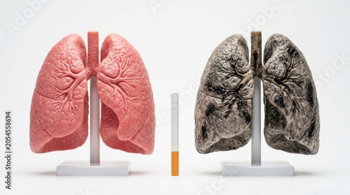 Medical Comparison of Healthy Pink Lungs and Smoker's Damaged Black Lungs with Cigarette on White Background for Healthcare Awareness Website Banner and Hero Header