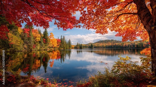 Vibrant autumn foliage frames a tranquil lake, reflecting colorful trees and a distant, hazy mountain