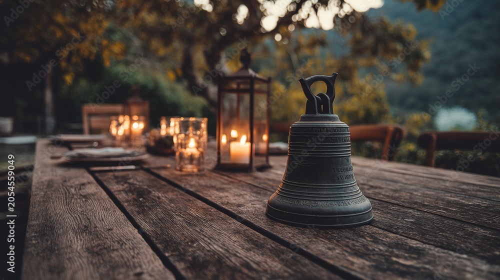 Obraz premium Vintage dinner bell on rustic wooden table surrounded by candlelight and lanterns in serene outdoor setting with blurred nature background
