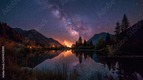 Serene night landscape with a galaxy-filled sky reflected in a calm lake