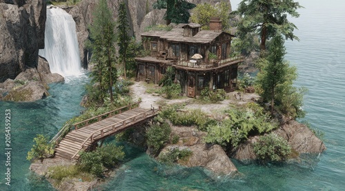 Rustic wooden house on small island with waterfall, bridge, and lush greenery