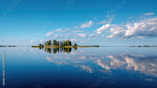 Calm, reflective lake with a small island of trees under a bright blue sky