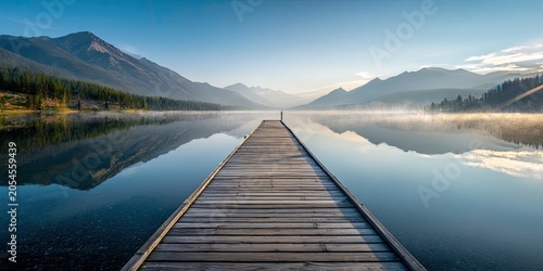 Wooden pier on calm lake reflects misty mountains and trees under clear sky