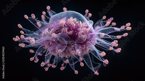 Ethereal translucent organism with purple tentacles and pink bulbous tips
