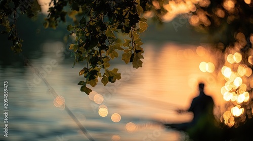 Serene nature scene with a lone angler casting a line at sunset